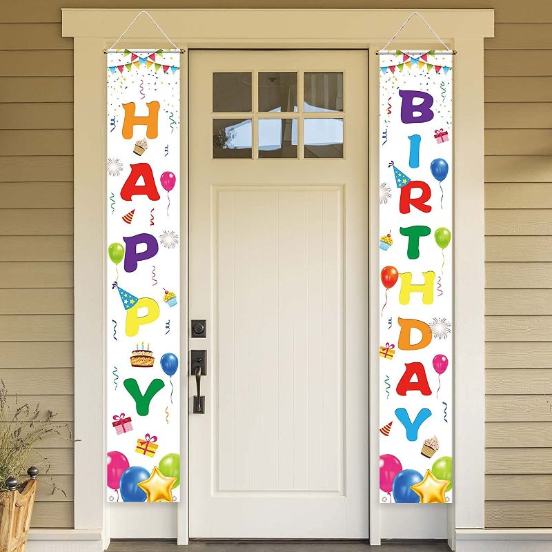 Photo 1 of Allenjoy Happy Birthday Signs Hanging Wall Door Banner Kids Boys Girls 1st Bday Decorations Polyester Wrinkle Free Outdoor 11.8x70.9 Inch Home Decor Events Front Yard Party Supplies 2PCS
