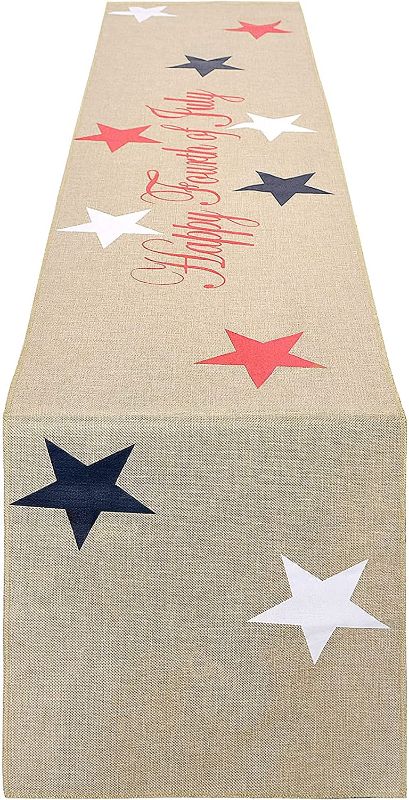 Photo 1 of 4th of July Table Runner 13 x 72 Inches Long Burlap Linen Tablecloth American Stars Independence Day Memorial Day Patriotic Veterans Day Runners Table Decorations