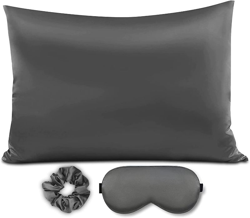 Photo 1 of Elegant Luxury Satin Silk Pillowcase for Hair and Skin, Vegan Silk Pillowcase Cover Set with Hiden Zipper with Eye Mask and Scrunchie, Standard Size, Pink Leopard