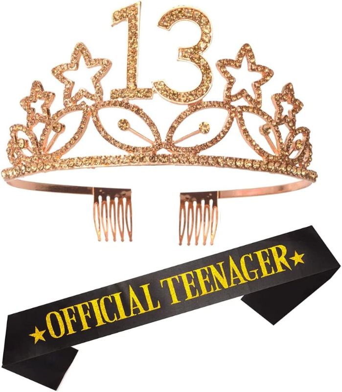 Photo 1 of 13th Birthday Sash and Tiara for Girls - Fabulous Set: Glitter Sash + Starry Sky Rhinestone Pink Premium Metal Tiara, 13th Birthday Gifts for Teenegers Party