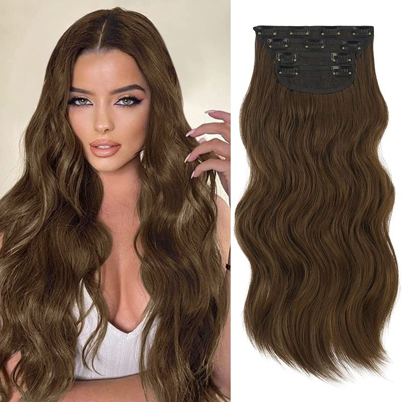 Photo 1 of  Sidaila 4PCS Clip in Hair Extensions Long Wavy Hairpieces for Women Synthetic Fiber Hair Extensions Clip ins Natural Thick Double Weft 20 Inches Chocolate Brown
