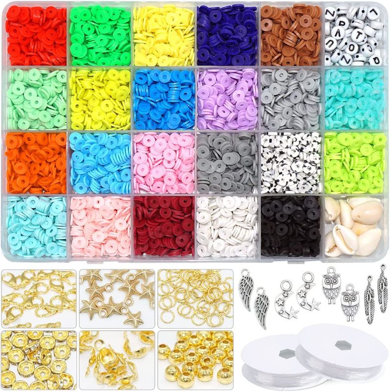 Photo 1 of 5700+Pcs Clay Beads Flat Round for Jewelry Making Kit Polymer Heishi Beads DIY Arts Craft 22Colors Beads for Necklace Earring Anklet Ring Pendant Letter Beads and Bracelets Making