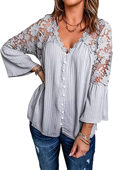 Photo 1 of Aleumdr Womens Elegant V Neck Lace Tops Long Lantern Sleeve Fall Chiffon Blouses - LARGE -