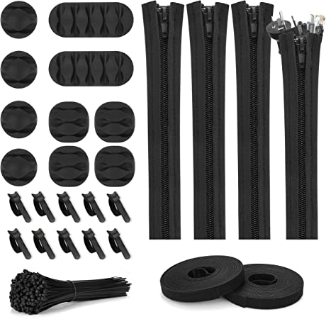 Photo 1 of 126pcs Cord Management Organizer Kit 4 Cable Sleeve with Zipper,10 Self Adhesive Cable Clip Holder,10pcs and 2 Roll Self Adhesive tie and 100 Fastening Cable Ties for TV Office Home etc (Black)
