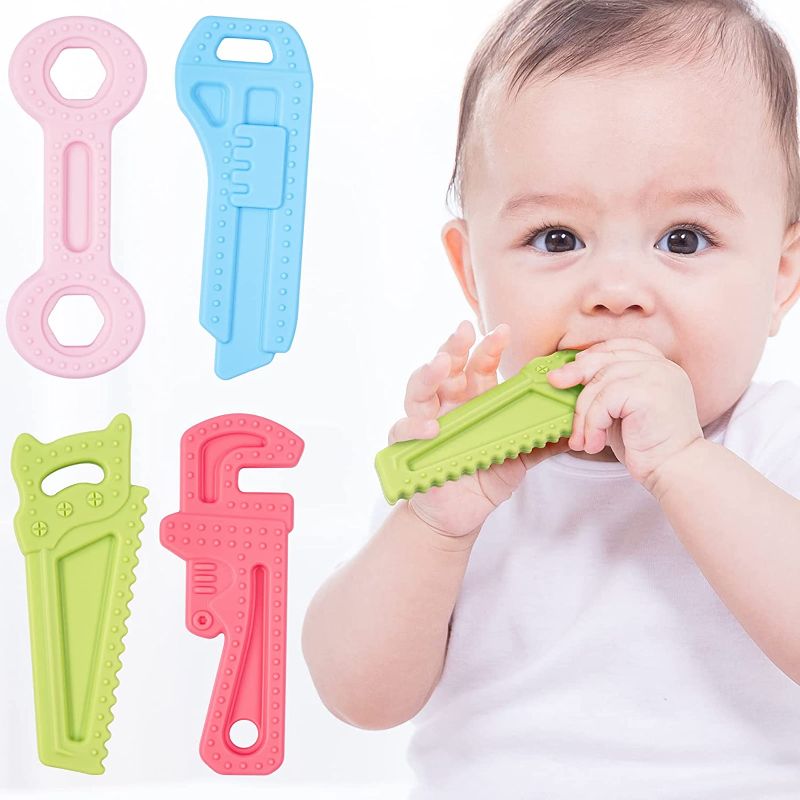 Photo 1 of 3-6 Months 6-12 Months NiBaby Silicone Teething Toys for Babies Hammer Wrench Spanner Pliers Saw Tools Shape Teether Toys with Pacifier Clips BPA Free Freezable (4 Pack)
