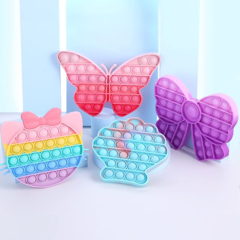 Photo 1 of Asona 4 Pack Pop Push Bubble Fidget Toys, Girls Anxiety Reliever Popping Sensory Toy for Kids Car Plane, Butterfly Cat Bow Seashell (Pink Butterfly+Rainbow Kitten Cat+Purple Bow+Seashell)
