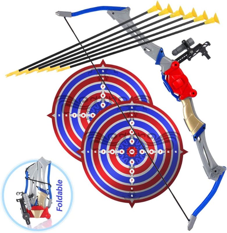 Photo 1 of Bow and Arrow for Kid,Foldable Archery Toy Set with 6 Suction Cup Arrows and 2 Targets,Indoor and Outdoor Toys Bow and Arrow Gifts for 4 5 6 7 8 9 10 11 12 Years Old Boys Girls

