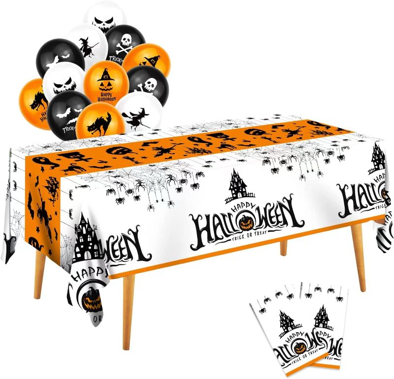 Photo 1 of 2 Pack Halloween Haunted House and Spider Tablecloths with 12 Pcs Halloween Balloons, Trick or Treat Halloween Tablecloth - Halloween Rectangle Table Cover for Halloween Decorations and Party Supplies
