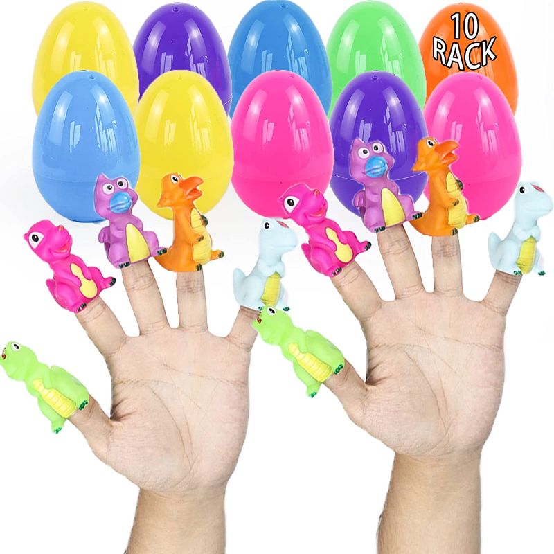 Photo 1 of ALLCOLOR 10PCS Pre Filled Easter Eggs with Dinosaur Finger Puppets Inside Plastic Colorful Surprise Eggs for Kids Toddlers Easter Basket Stuffers Easter Egg Hunt Favor for Boys Girls
