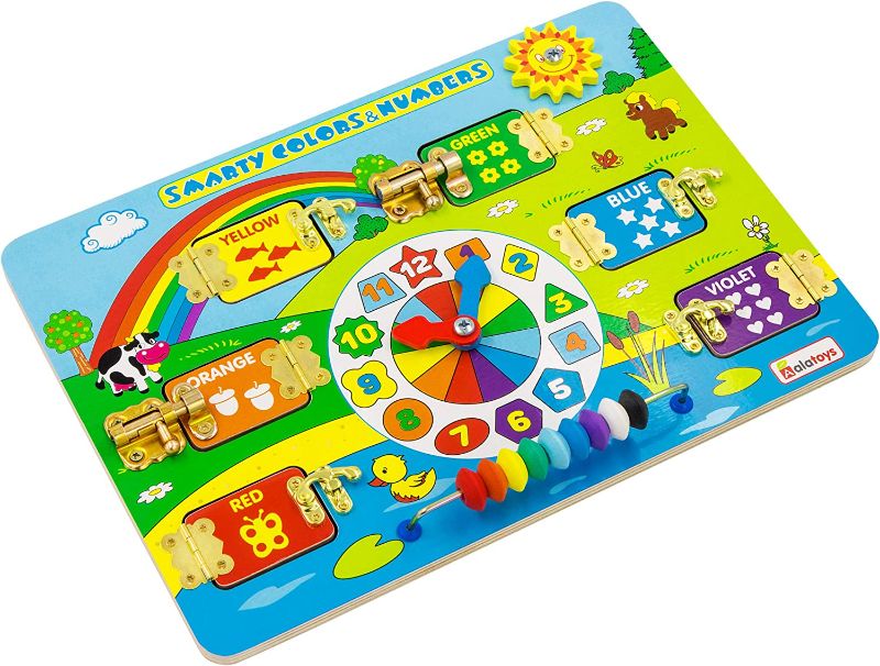 Photo 1 of ALATOYS Fidget Toddler Baby Toy-Sensory Slime licker Candy Girl Toy-Sensory Toys-Wooden Latch and Lock Busy Board Educational Basic Motor Skills Sensory Toys with Buckle to Learning Numbers Colors
