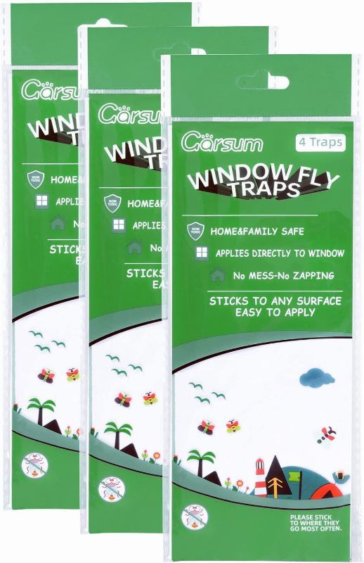 Photo 1 of 3 pack --Garsum Window Fly Traps Indoors, Fly Paper Sticky Strips, Non-Toxic Clear  Window Decal 12 Traps***PACK OF 3
