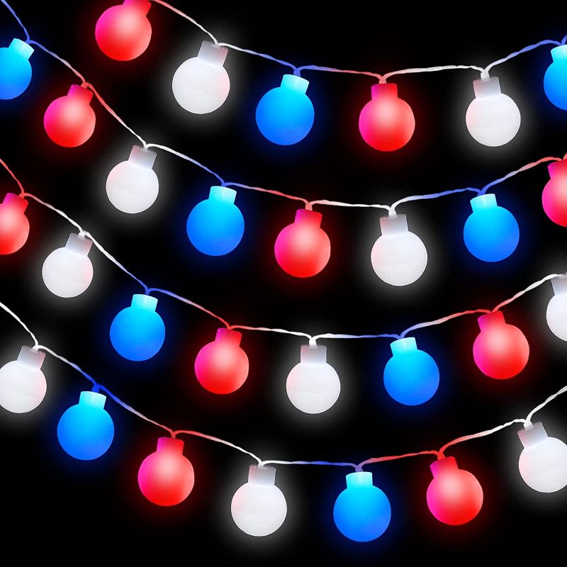 Photo 1 of 4th of July Globe Red White and Blue Lights Patriotic Decoration 30LED 10Ft American Flag Fairy String Lights Battery Operated Fourth of July, National Independence Day Party Decor Home Indoor Outdoor
