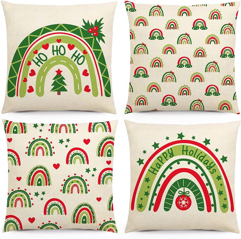 Photo 1 of 
Christmas Rainbow Throw Pillow Covers 18x18 Set of 4 Boho Throw Pillow Case Outdoor Holiday Decorative Pillow Covers for Couch Sofa Bedroom Car Farmhouse