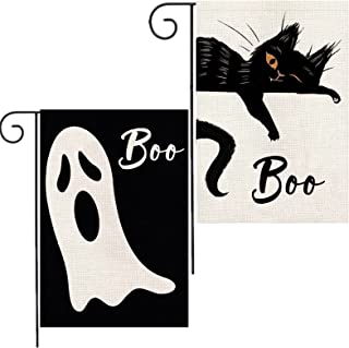 Photo 1 of 2PCS Halloween Boo Garden Flags 12x18 Double Sided, Vertical Boo Ghost Black Cat Halloween Yard Flags for Outdoor Outside