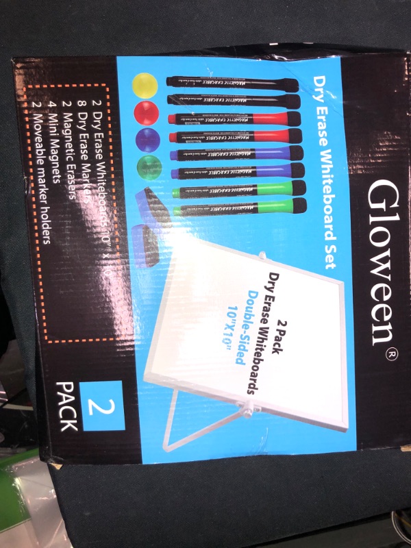 Photo 2 of 2 Pack Dry Erase White Board - 10''x10'' Magnetic Desktop Whiteboard with Stand, 8 Markers, 4 Magnets, 2 Erasers - Portable Double-Sided White Board Easel for Kids/Drawing/Memo/to Do List/Wall/School