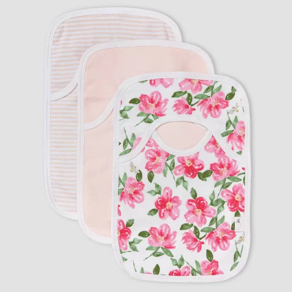 Photo 1 of Burt's Bees Baby Girls' Set of 3 Farm Floral Bibs - Light Pink
