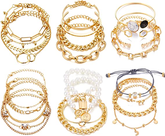 Photo 1 of 17IF 25 Pcs (6 Pack) 14K Gold Bracelets Set for Women Girls Boho Stackable Y2K Chain Layered Multipack Bangles Adjustable Layering Cuff Italian Cuban Anklet Charm Chunky Bracelet Bundle Jewelry
