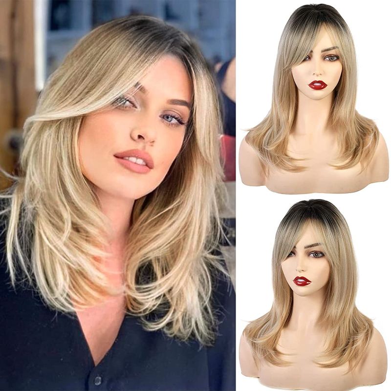 Photo 1 of FORCUTEU Blonde Wigs with Side Bangs Long Straight layered Wigs for Women Blonde Synthetic Wigs for Daily Wear Natural Looking Heat Resistant Wig (Ombre Blonde)
