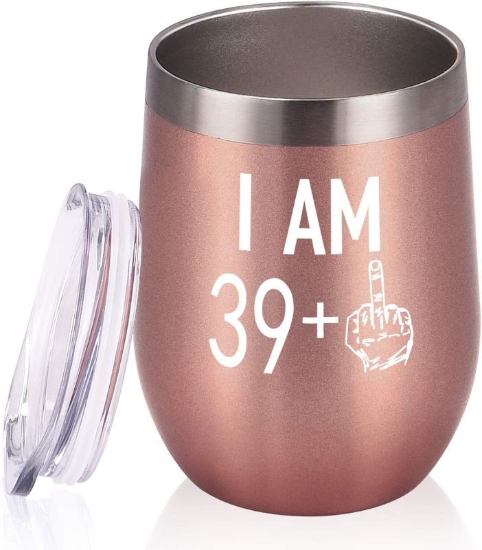 Photo 1 of 39 Plus One Middle Finger Wine Tumbler, 40th Birthday Gifts for Women Men, Wine Tumbler with Saying Funny Gifts Idea for Wife Mom Friends Coworkers, 12 Oz Insulated Wine Tumbler Glasses, Rose Gold
