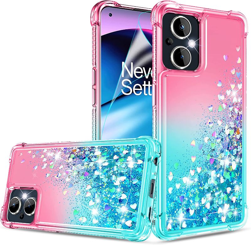 Photo 1 of N200 5G Case with HD Screen Protector, Cute Gradient Liquid Glitter Bling Four-Corner Protective Soft TPU Phone Case--Pink/Teal