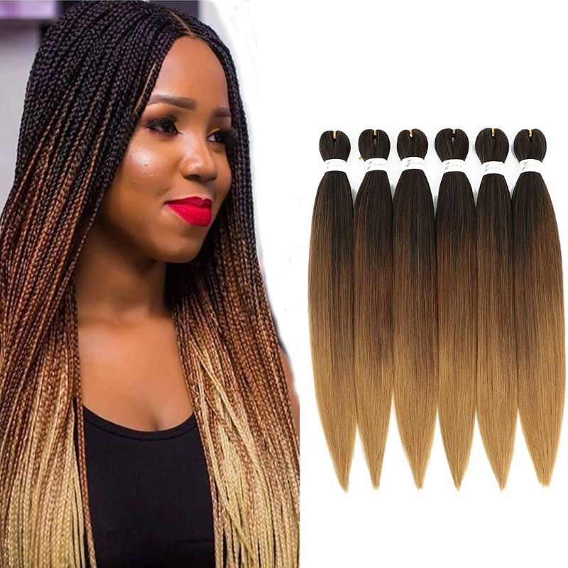 Photo 1 of  Pre-stretched Braiding Hair Ombre Brown 26 inch 6 Packs Professional Kanekalon Synthetic Fiber Itch Free Crochet EZ Braids Yaki Texture Knotless Braiding Hair Extensions