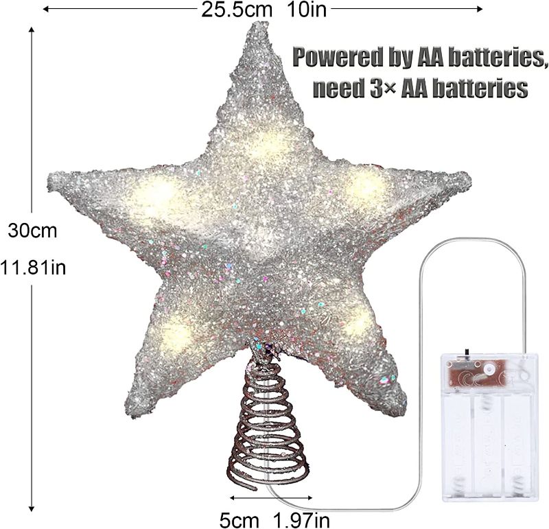 Photo 1 of Christmas Tree Topper Star 10 Inch Glittering Silver Xmas Tree Ornament Festive Party Home Season Decoration Fit for Ordinary Size Christmas Tree