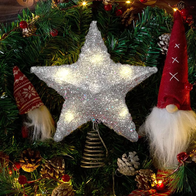 Photo 1 of Christmas Tree Topper Star 10 Inch Glittering Silver Xmas Tree Ornament Festive Party Home Season Decoration Fit for Ordinary Size Christmas Tree