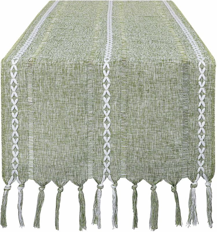 Photo 1 of AOMGD 108" Farmhouse Table Runner,Hand-Woven Boho Table Runners with Tassels for Bohemian, Rustic,Bridal,Shower,Wedding, Dinner ,13 x 108 Inches-Green