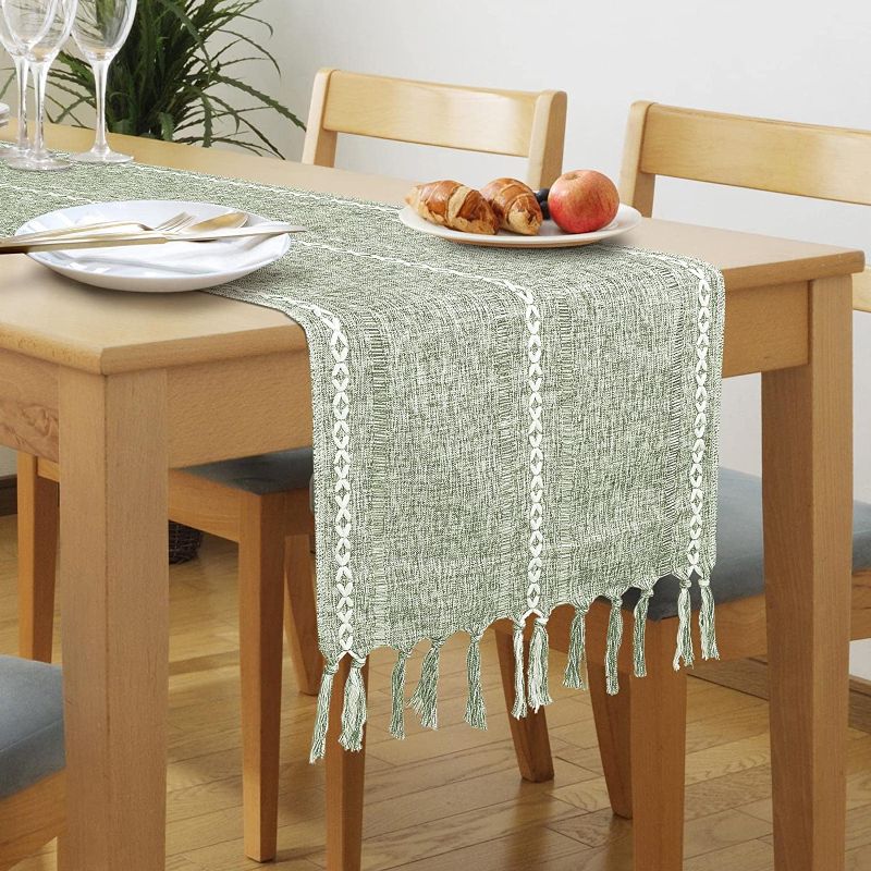 Photo 2 of AOMGD 108" Farmhouse Table Runner,Hand-Woven Boho Table Runners with Tassels for Bohemian, Rustic,Bridal,Shower,Wedding, Dinner ,13 x 108 Inches-Green