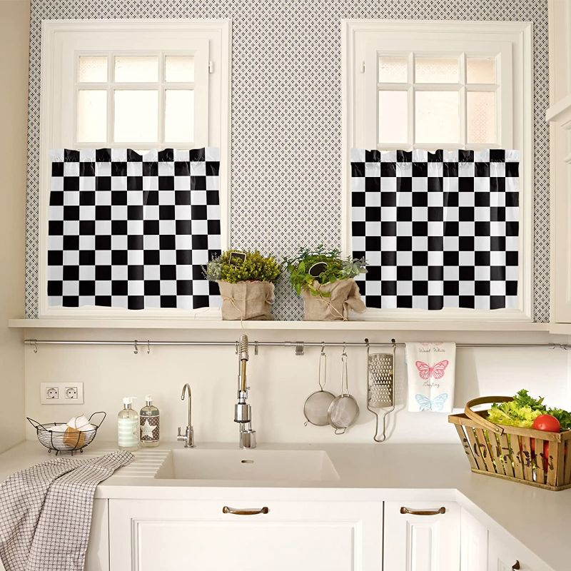 Photo 2 of Checkered Curtains 24 Inch Length, Black and White Window Tier Curtain for Half Window, Simple Racing Flag Buffalo Plaid Kitchen Drapes for Bedroom, Cafe, Living Room, 2 Panels, 27.5 W x 24 L