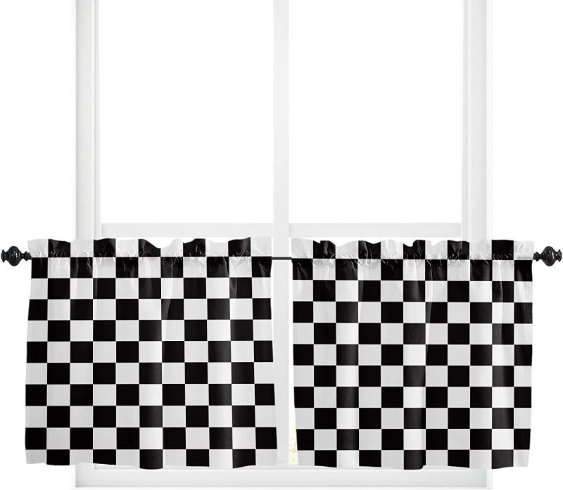 Photo 1 of Checkered Curtains 24 Inch Length, Black and White Window Tier Curtain for Half Window, Simple Racing Flag Buffalo Plaid Kitchen Drapes for Bedroom, Cafe, Living Room, 2 Panels, 27.5 W x 24 L