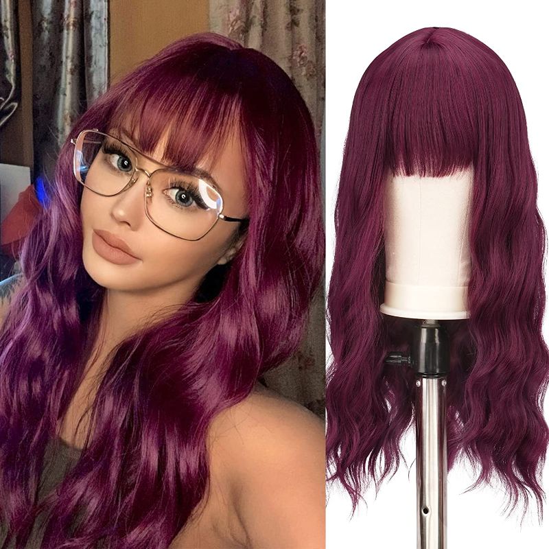 Photo 1 of FESHFEN Wine Red Wig with Bangs for Women 24 inch Long Wavy Burgundy Synthetic Heat Resistant Hair Wigs for Girl Wigs for Daily Party Use