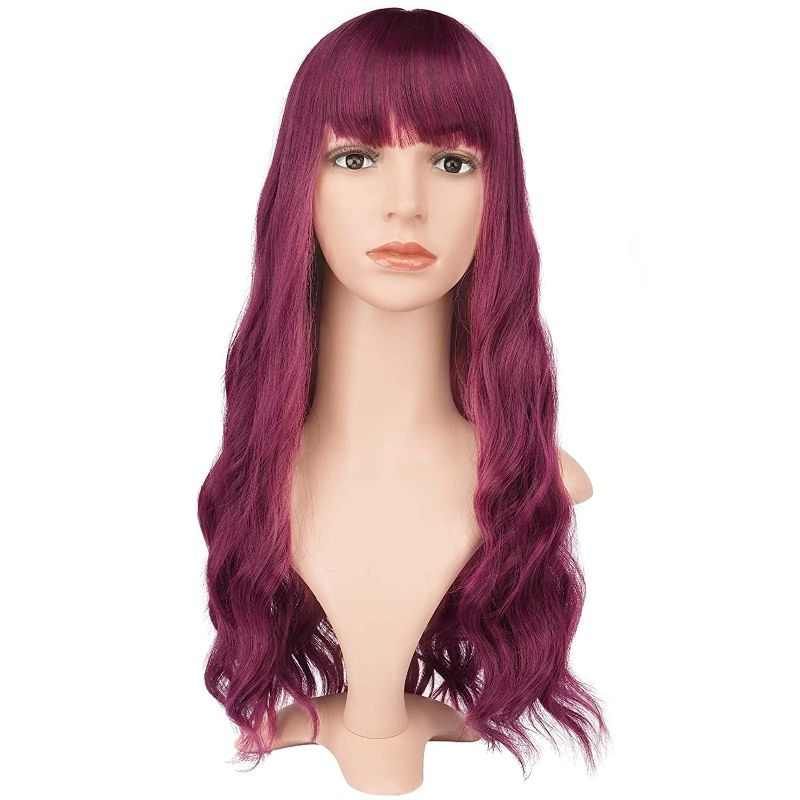 Photo 2 of FESHFEN Wine Red Wig with Bangs for Women 24 inch Long Wavy Burgundy Synthetic Heat Resistant Hair Wigs for Girl Wigs for Daily Party Use