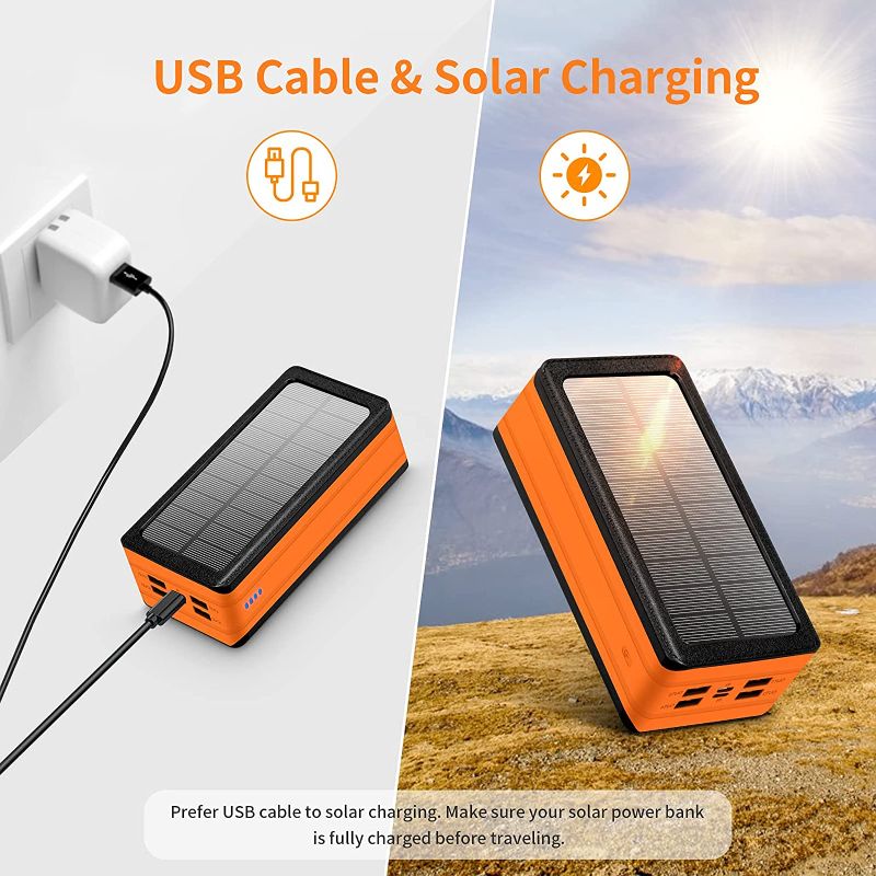 Photo 3 of Solar Power Bank 50000mAh, Portable Solar Phone Charger with Flashlight, 4 Output Ports, 2 Input Ports, Solar Battery Bank Compatible with iPhone for Camping, Hiking, Trips