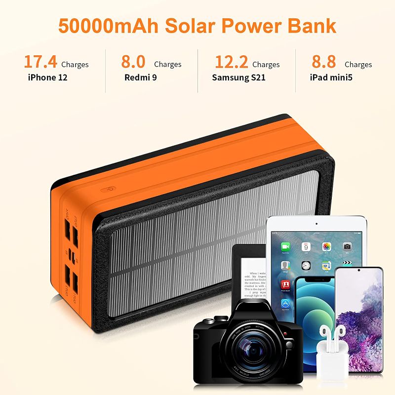 Photo 2 of Solar Power Bank 50000mAh, Portable Solar Phone Charger with Flashlight, 4 Output Ports, 2 Input Ports, Solar Battery Bank Compatible with iPhone for Camping, Hiking, Trips