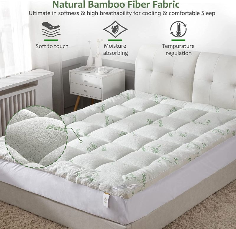 Photo 3 of Bamboo Mattress Topper Full Size with 8-21" Deep Pocket Mattress Pad for Double Bed Size Pillow Top Mattress Cooling Cover Quilted Mattress Protector with Down Alternative Fill (54x75)