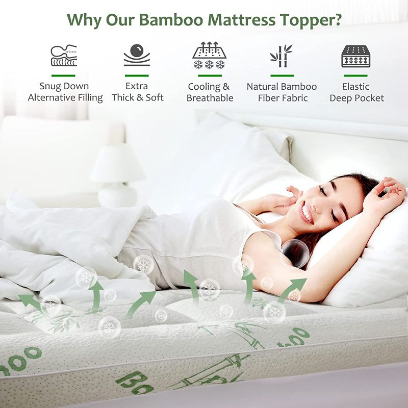 Photo 2 of Bamboo Mattress Topper Full Size with 8-21" Deep Pocket Mattress Pad for Double Bed Size Pillow Top Mattress Cooling Cover Quilted Mattress Protector with Down Alternative Fill (54x75)