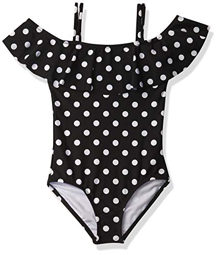 Photo 1 of Kanu Surf Girls' Peggy UPF 50+ Beach Sport Off Shoulder One Piece Swimsuit, Dots Black, 12