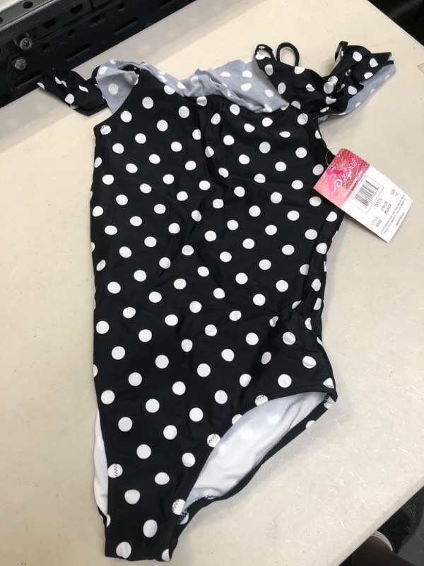 Photo 2 of Kanu Surf Girls' Peggy UPF 50+ Beach Sport Off Shoulder One Piece Swimsuit, Dots Black, 12