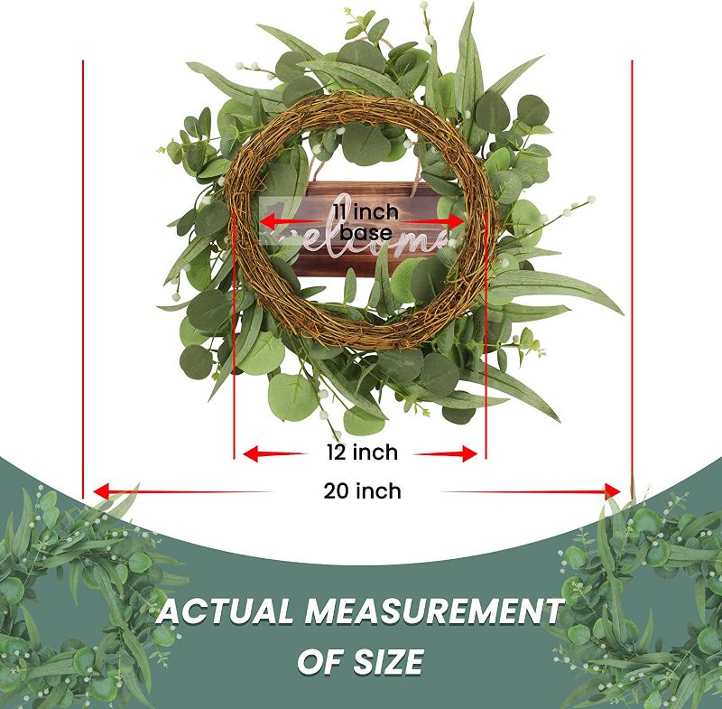 Photo 2 of 20 Inch Green Eucalyptus Wreath, Artificial Festive Wreath for Front Door, Ideal Spring & Summer Decorating for Indoor & Outdoor, All Year Round Using (White) ( BOX HAS MINBOR DAMAGE ) 
