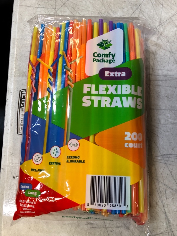 Photo 2 of [200 Pack] Long Flexible Disposable Plastic Drinking Straws - 10.02" High - Assorted Colors
