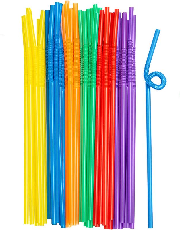 Photo 1 of [200 Pack] Long Flexible Disposable Plastic Drinking Straws - 10.02" High - Assorted Colors
