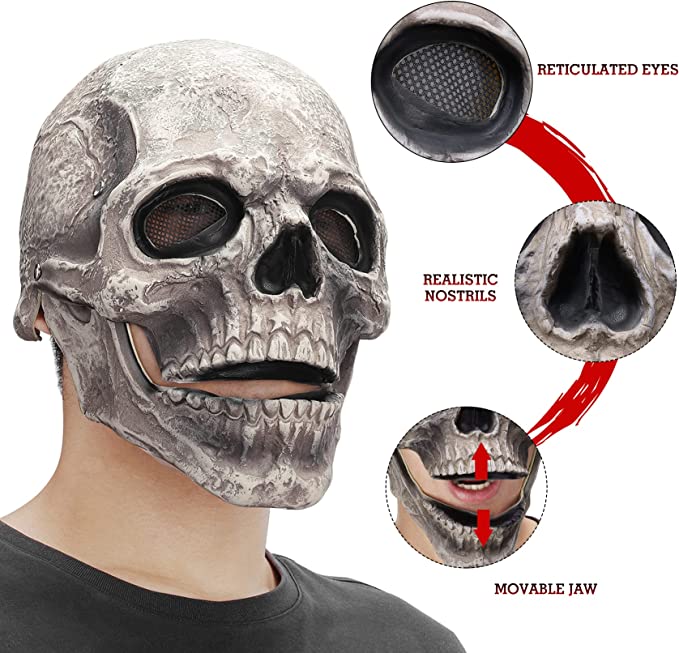 Photo 1 of Buaszay Halloween Skull Mask, Scary Skeleton Mask for Man, Full Head Mask with Moving Jaw Creepy Latex Helmet Halloween Cosplay Party Props
