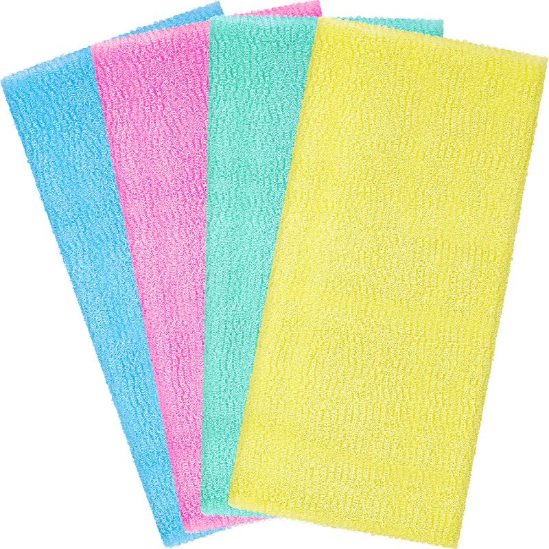 Photo 1 of Boao 6 Pieces Exfoliating Washcloth Towel Japanese Washcloth Nylon Beauty Skin Bath Wash Towel Sponge Korean Loofah Bath Cloth Shower Washcloth for Body 35 Inches (Blue, Pink, Yellow, Green)
