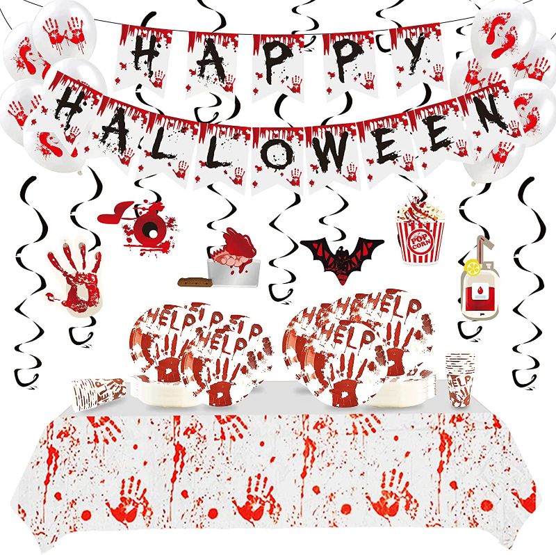 Photo 1 of Halloween Party Supplies for 20 Guests, Bloody Party Decorations Included 7' 9' Plates, Cups, Happy Halloween Banner, Hanging Swirl, Balloons for Halloween Zombie Vampire Party Decorations
