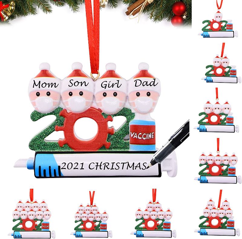 Photo 1 of Christmas Ornaments 2021 Personalized Survivor Family of 1,2,3,4,5,6,7,8,9, Resin Custom Name Xmas Tree Decoration Hanging Ornament, DIY Name Epidemic Prevention Memorial Christmas Pendant (Family 4)  -- 2 COUNT --
