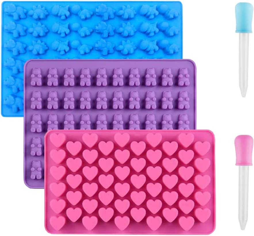 Photo 1 of 3 Pack Silicone Chocolate Molds, Reusable Candy Baking Mold Ice Cube Trays Candies Making Supplies with 2 Droppers, Nonstick Silicone Gummy Molds Including Mini Dinosaur, Hearts, Bear Shape
