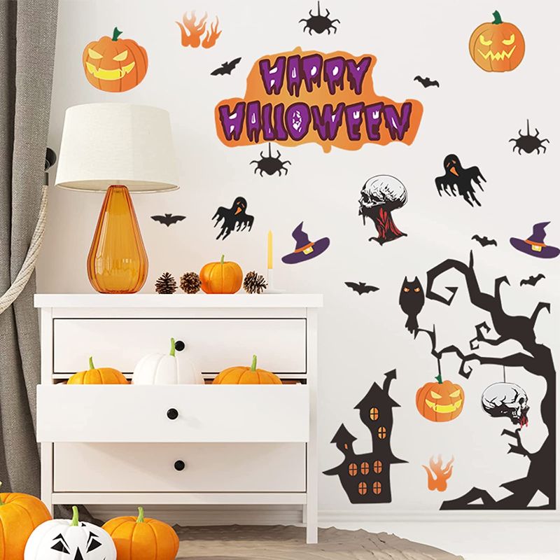 Photo 1 of Happy Halloween Window Wall Stickers Spooky Halloween Wall Decals for Living Room, Dead Tree Pumpkins Skeleton Art Murals Scary Castle Owl Spiders Ghost Stickers Party Supplies
