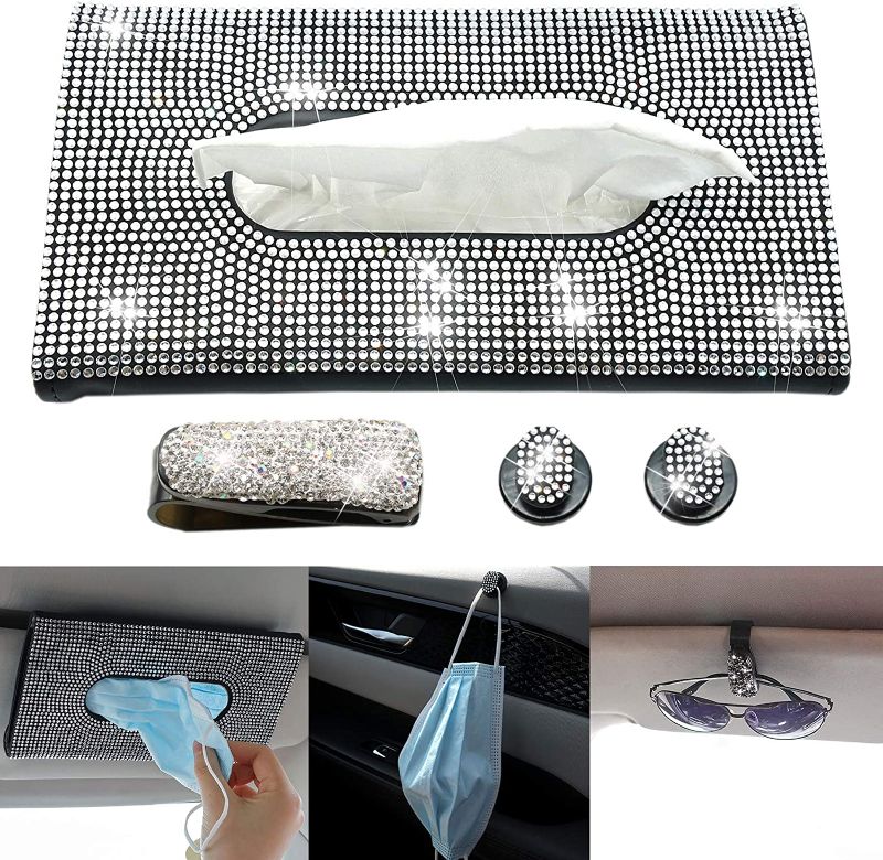 Photo 1 of  Car Visor Mask Holder Leather Napkin Box Sparkling Bling Paper Towel Case, Mask Hook Clip and Glasses Clip Bling Car Accessories for Women Girls
