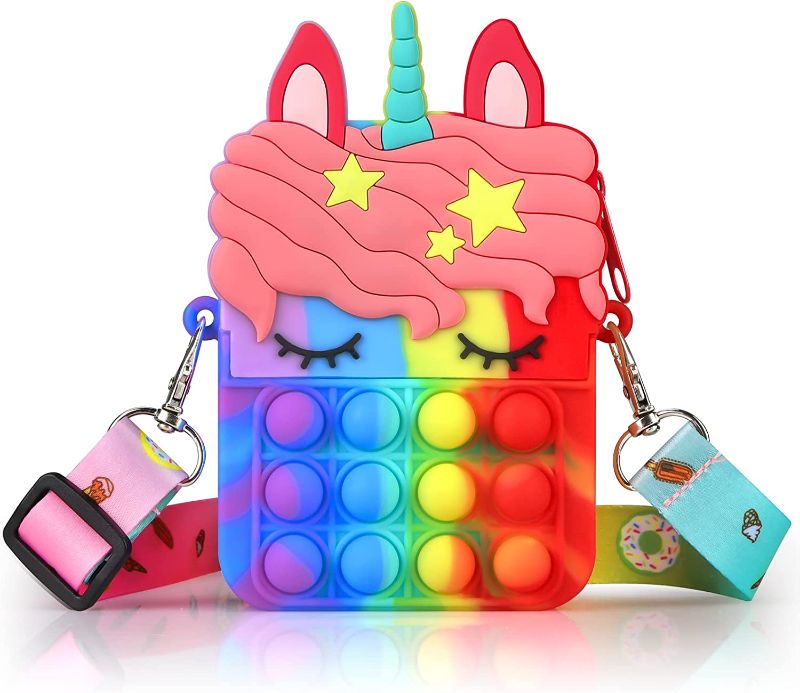 Photo 1 of ATESSON Pop Shoulder Bag for Girls and Women, Mini Pop Rainbow Purse Bags, Lovely Sensory Silicone Cartoon Bag Toy for Students Kids, Christmas Pop Birthday Party Gifts
